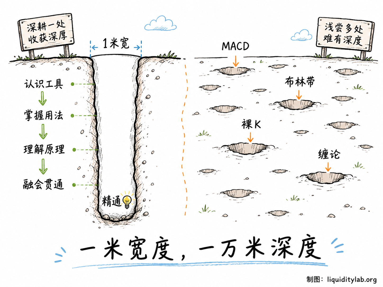 白板手绘对比图:左侧极深钻井标注学习层次及1米宽度,井底标注精通配小灯泡;右侧许多浅坑标注不同工具名称,底部一行字“一米宽度,一万米深度”。