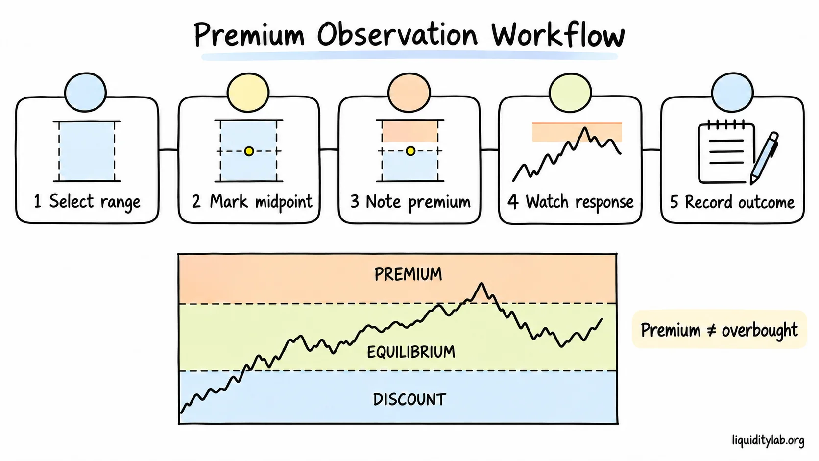 A five-step premium observation workflow moves from selecting a range to recording later price behavior without forcing a reversal.
