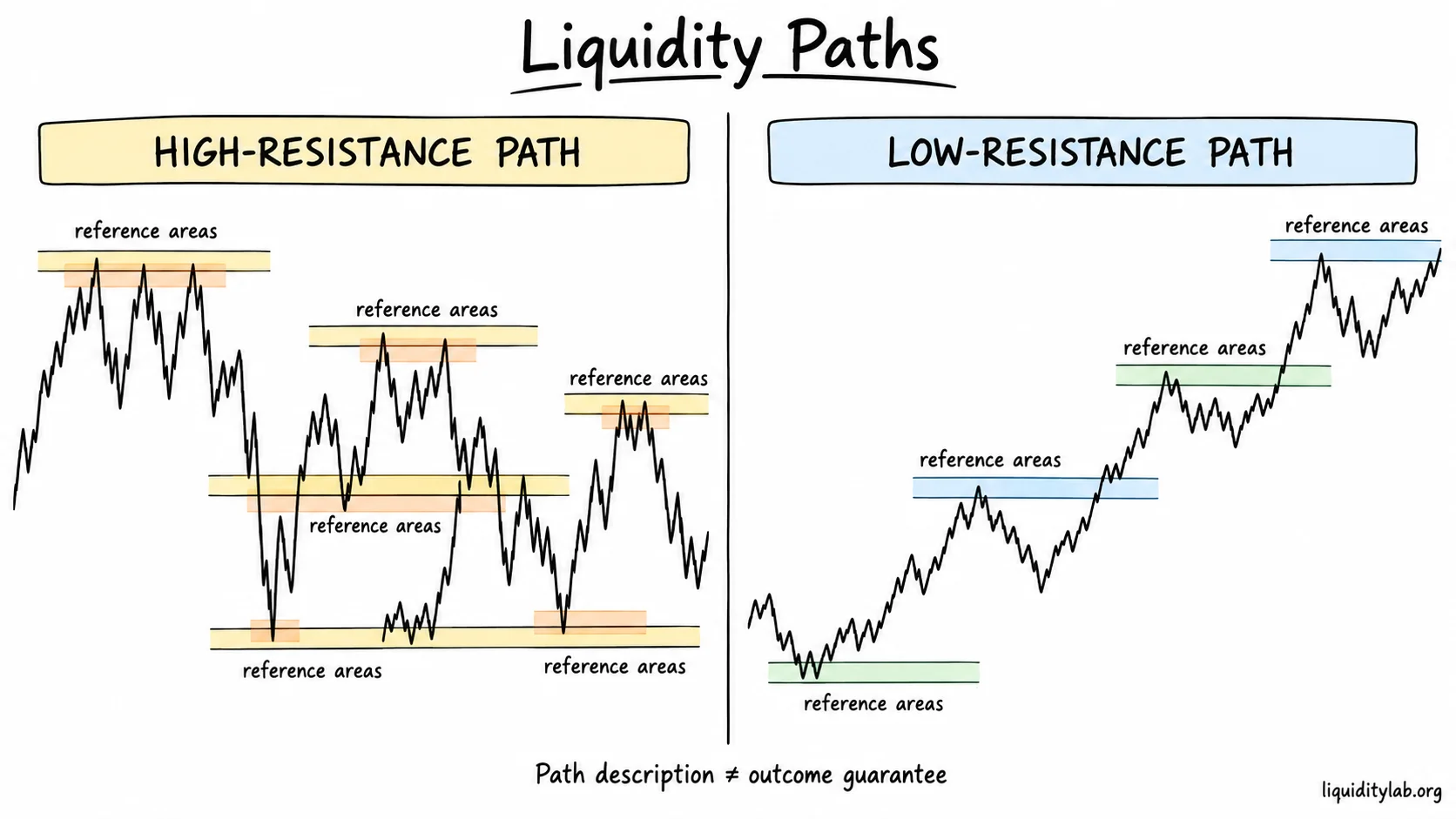 A comparison of dense high-resistance and more open low-resistance price paths, with prior highs and lows marked as observations rather than predictions.