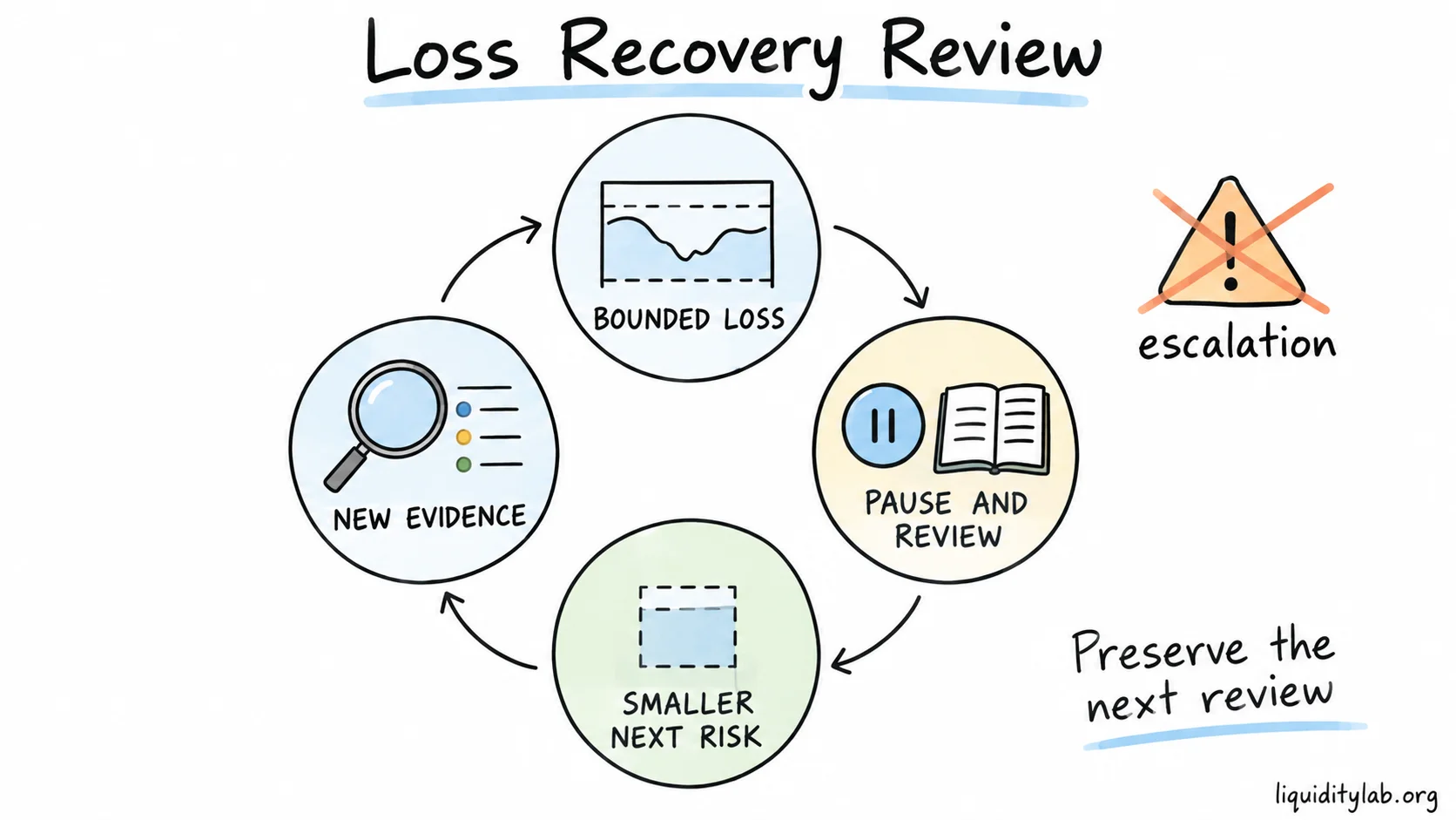 A bounded loss is followed by a smaller next risk and a review before another opportunity.