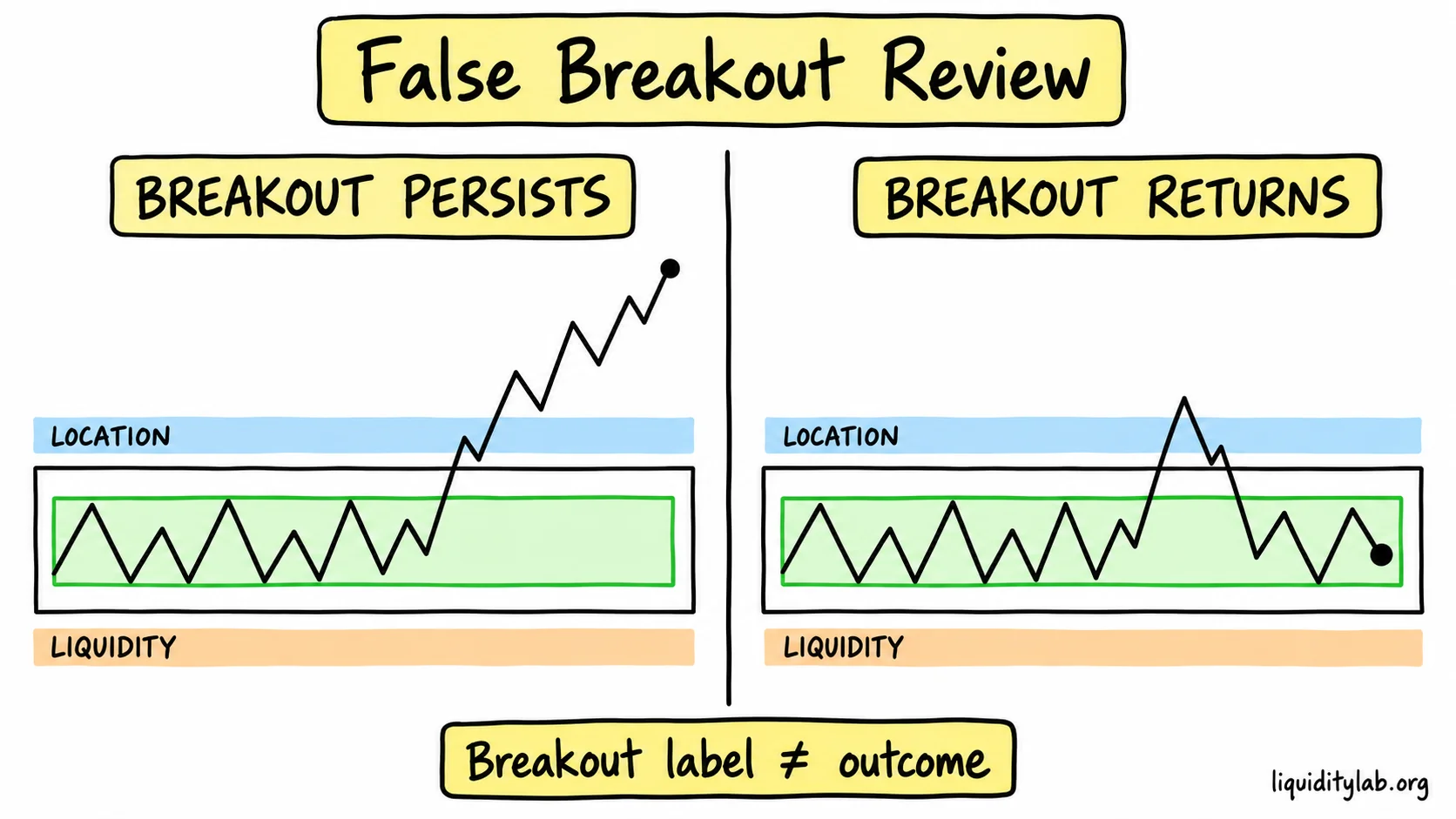 A flag-like consolidation is compared with a breakout that persists and one that returns, with location and liquidity marked as review questions.