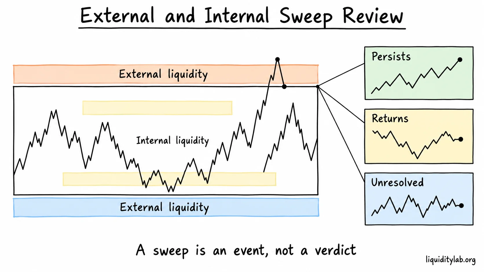 External and internal liquidity around a range lead to persistence, return or unresolved sweep outcomes.