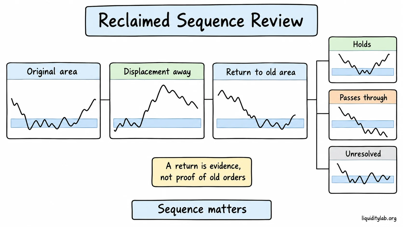 An original price area is followed by displacement and a return with holds, passes-through or unresolved outcomes.