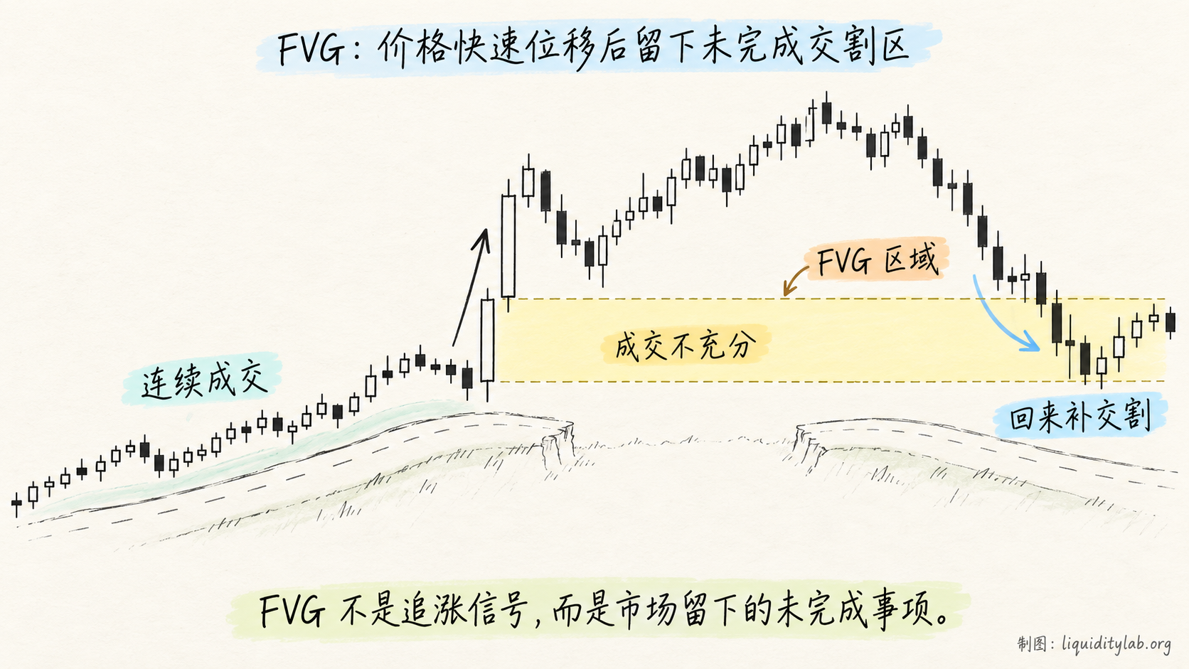FVG:价格快速位移后留下未完成交割区