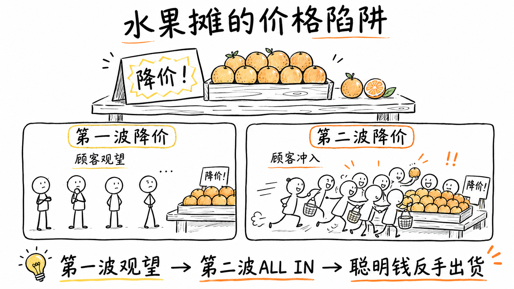 白板手绘水果摊故事板:两波降价中顾客从观望到冲入的行为变化