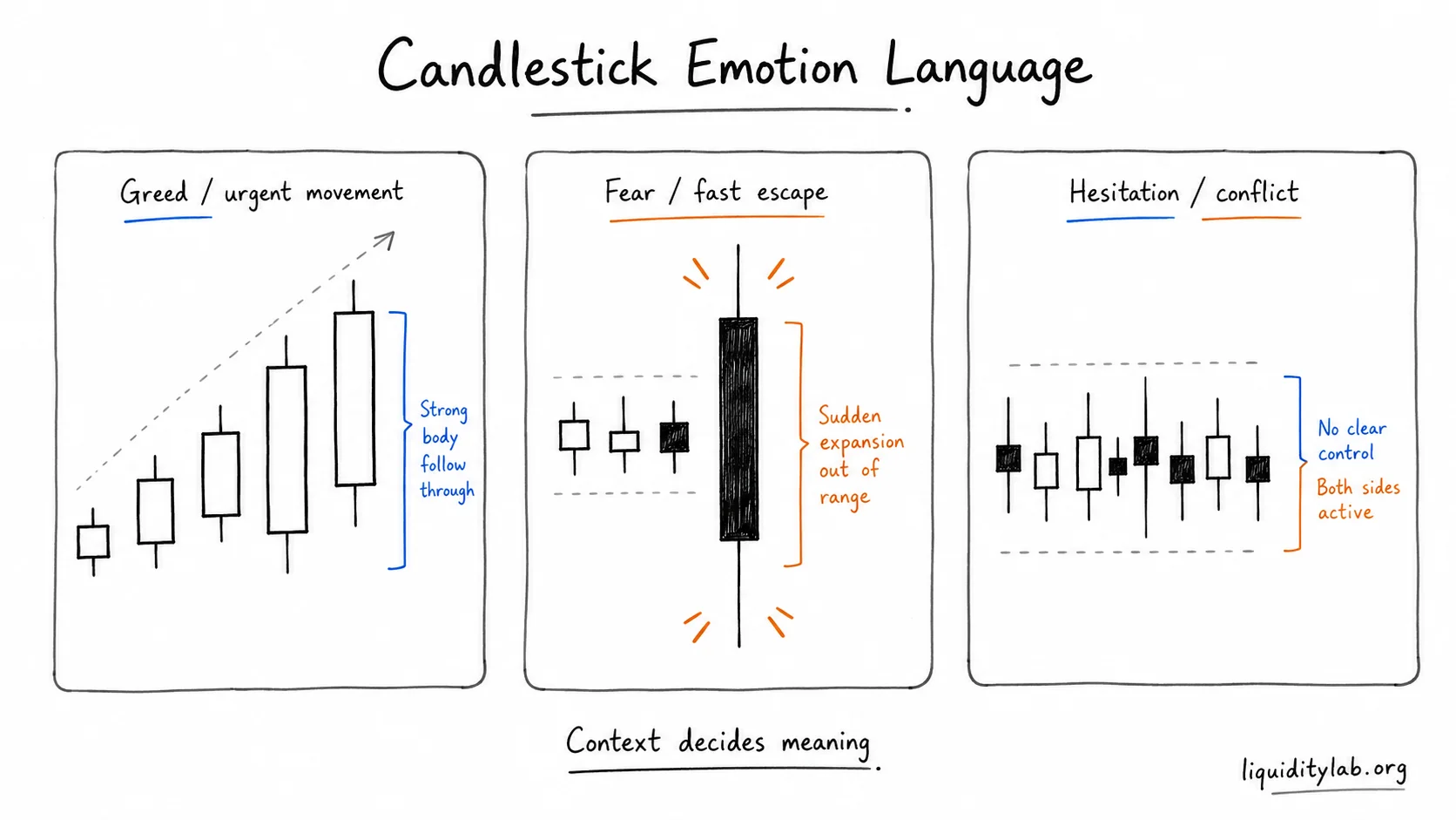 Hand-drawn teaching cards mapping candlestick behavior to greed, fear, and hesitation while emphasizing that context decides meaning.
