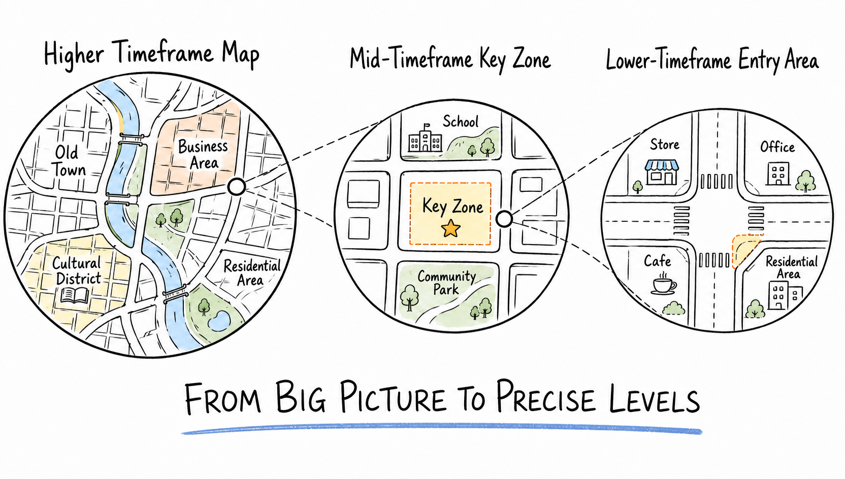 Hand-drawn map zooming from higher timeframe context into a precise key level.