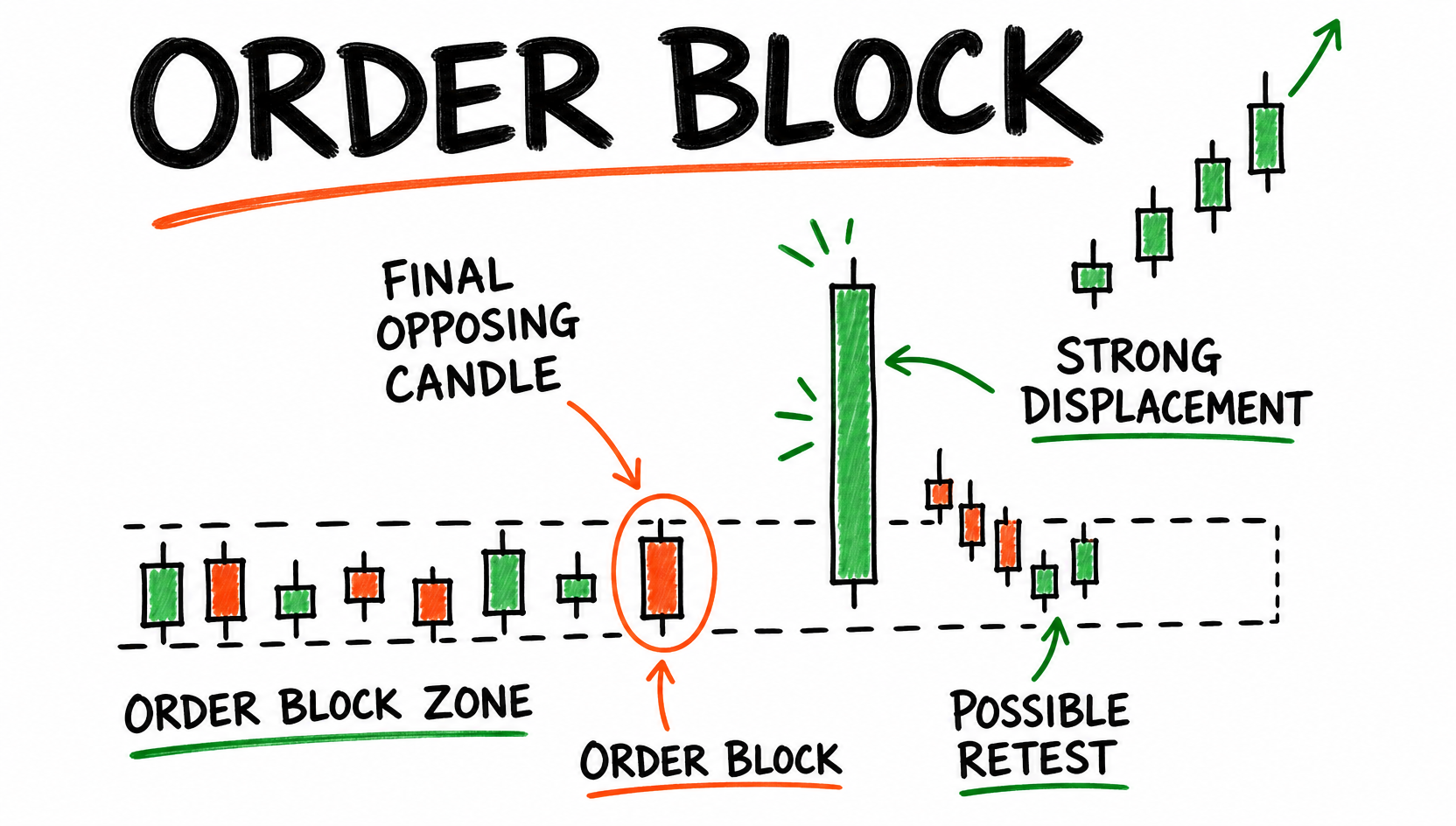 Hand-drawn order block chart showing the final opposing candle before strong displacement.