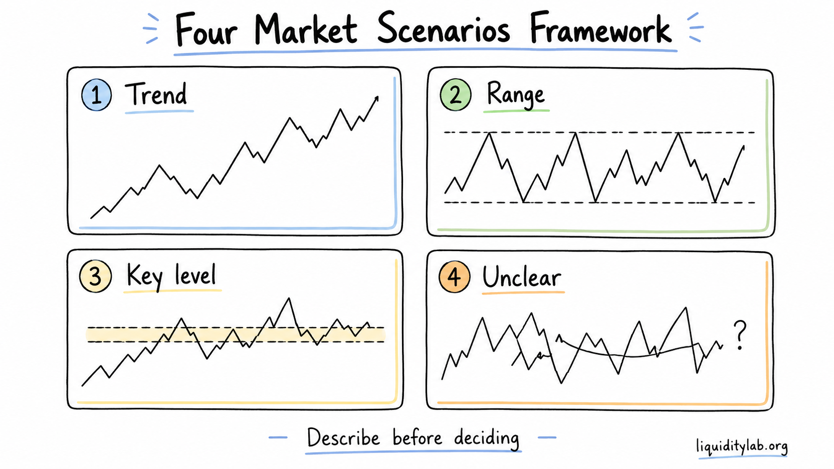 Hand-drawn whiteboard diagram with four cards for Trend, Range, Key Level, and Unclear market scenarios.