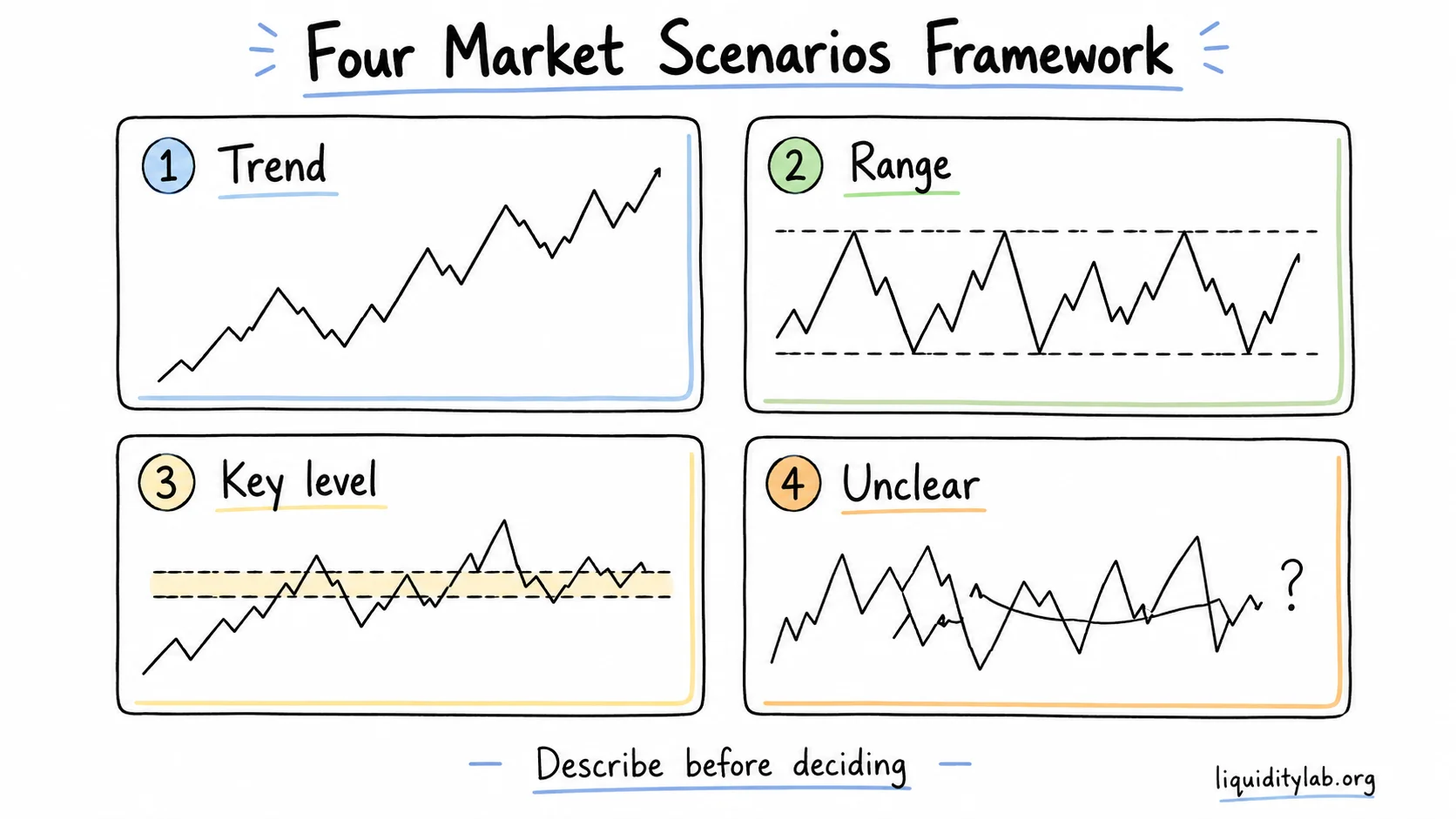 Hand-drawn whiteboard diagram with four cards for Trend, Range, Key Level, and Unclear market scenarios.