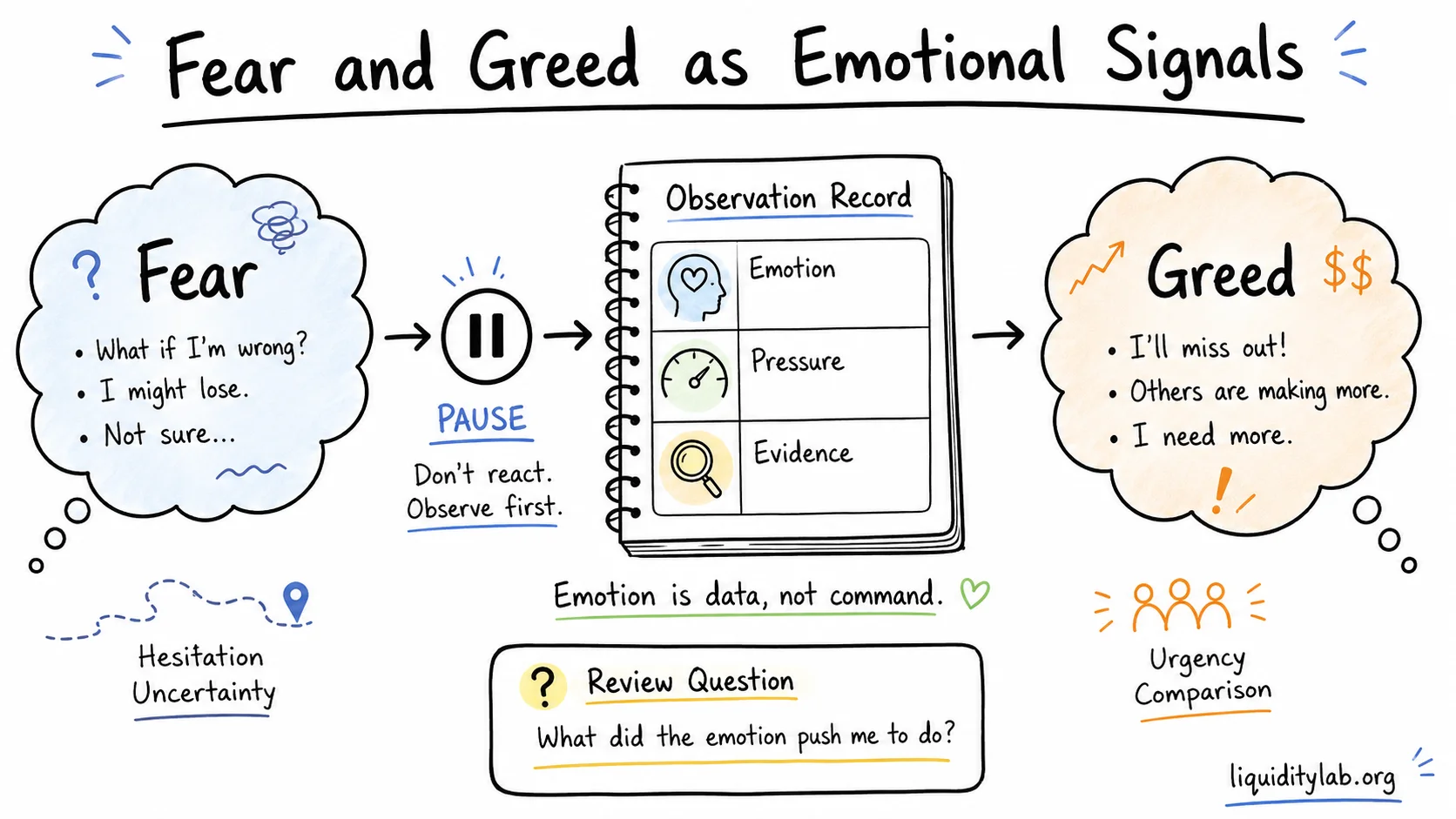 Whiteboard drawing showing fear and greed as emotional signals around an observation record, with pressure, evidence, and review question notes