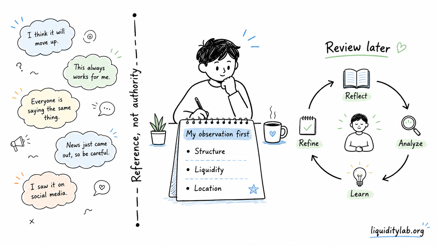 Hand-drawn whiteboard illustration showing outside opinions separated from a learner's Structure, Liquidity, and Location observation record before later review.