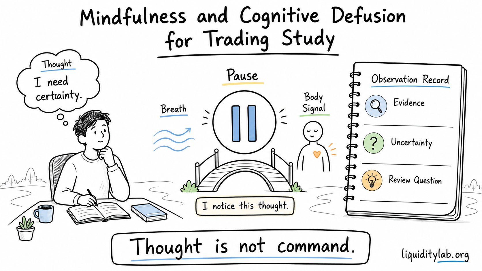 Whiteboard drawing showing a learner noticing a thought, pausing, returning to breath and body signals, and writing an observation record with evidence, uncertainty, and a review question.