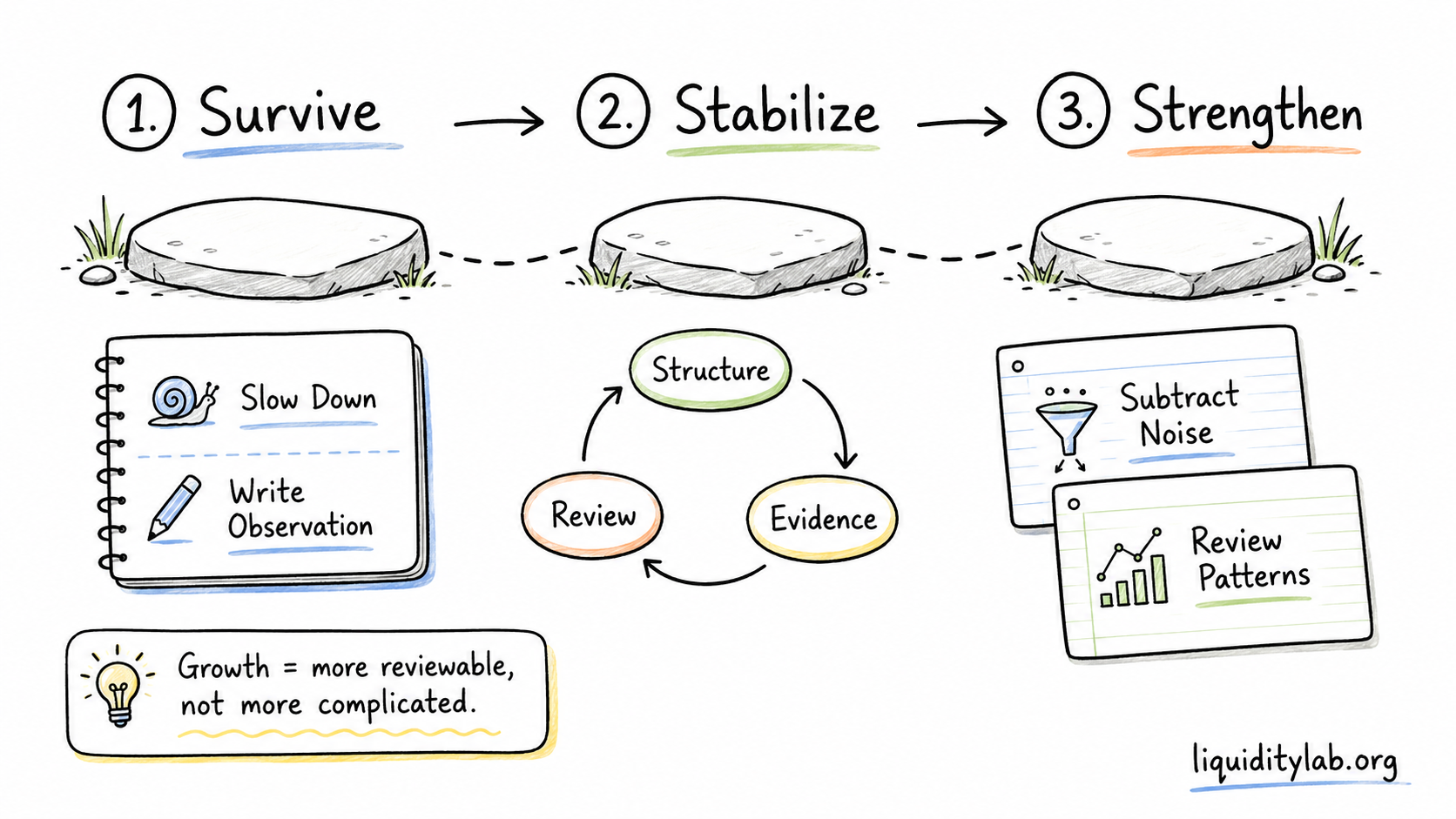 Whiteboard drawing showing three trader learning stages: survive, stabilize, and strengthen
