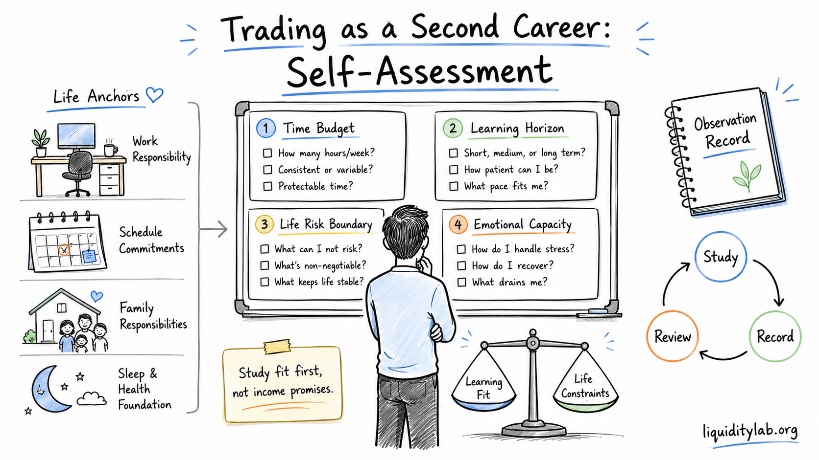 Whiteboard drawing of a trading second-career self-assessment board balancing time budget, learning horizon, life-risk boundary, and emotional capacity