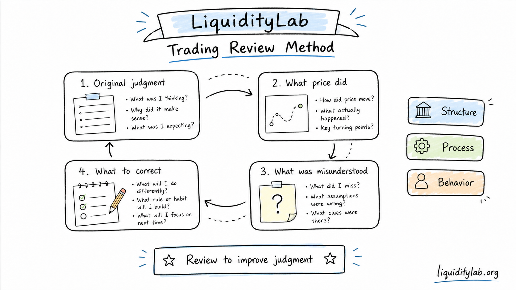 Hand-drawn whiteboard review loop showing Original Judgment, What Price Did, What Was Misunderstood, and What to Correct.