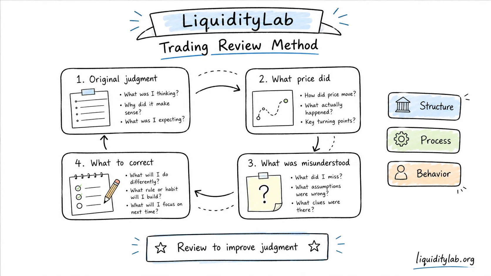 Hand-drawn whiteboard review loop showing Original Judgment, What Price Did, What Was Misunderstood, and What to Correct.
