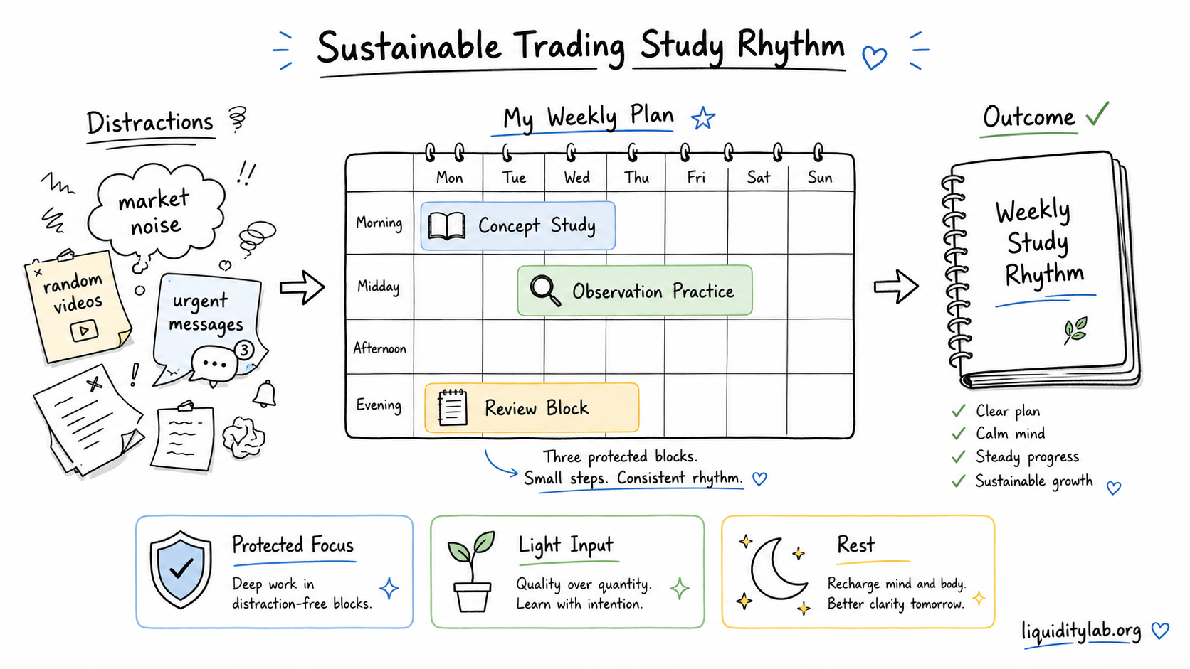 Hand-drawn whiteboard illustration showing a weekly trading study rhythm with protected concept study, observation practice, and review blocks.