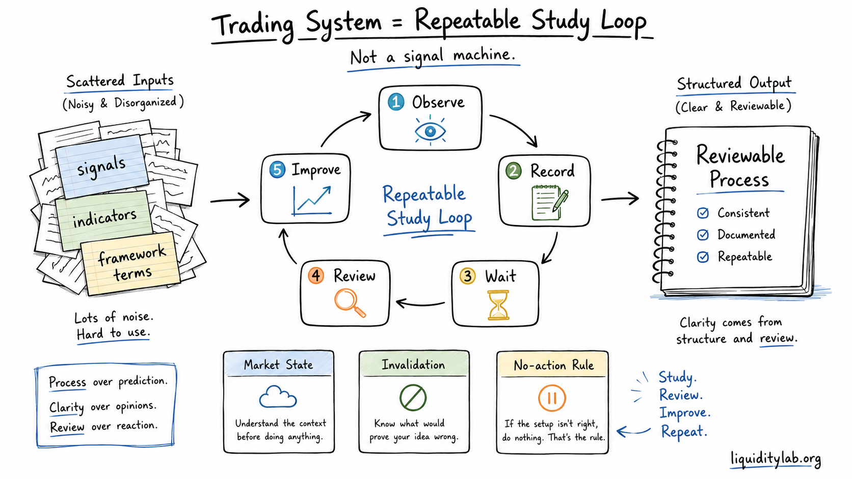 Hand-drawn whiteboard illustration showing trading system building as a repeatable study loop from scattered inputs to a reviewable process.