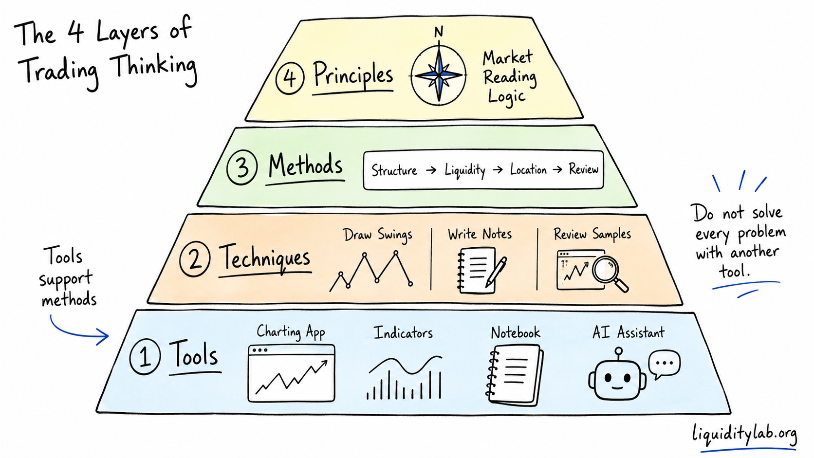 Whiteboard pyramid showing four layers of trading thinking: tools, techniques, methods, and principles
