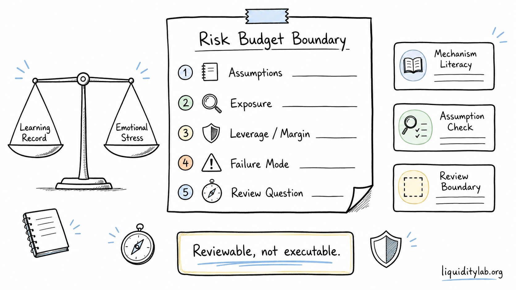 Whiteboard drawing of a risk budget boundary worksheet with assumption checks, exposure review, leverage and margin literacy, failure modes, and review questions