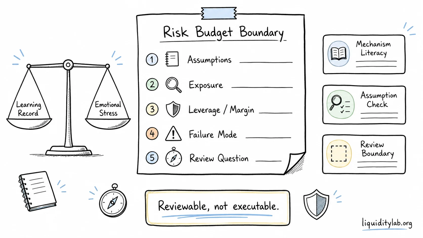 Whiteboard drawing of a risk budget boundary worksheet with assumption checks, exposure review, leverage and margin literacy, failure modes, and review questions