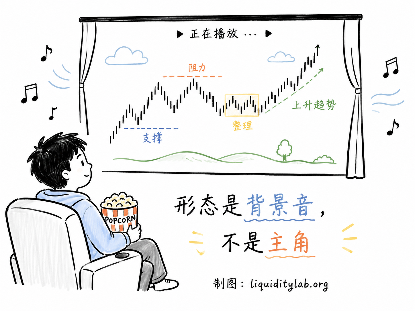 形态作为背景音的比喻插画,K线走势像电影,形态像配乐