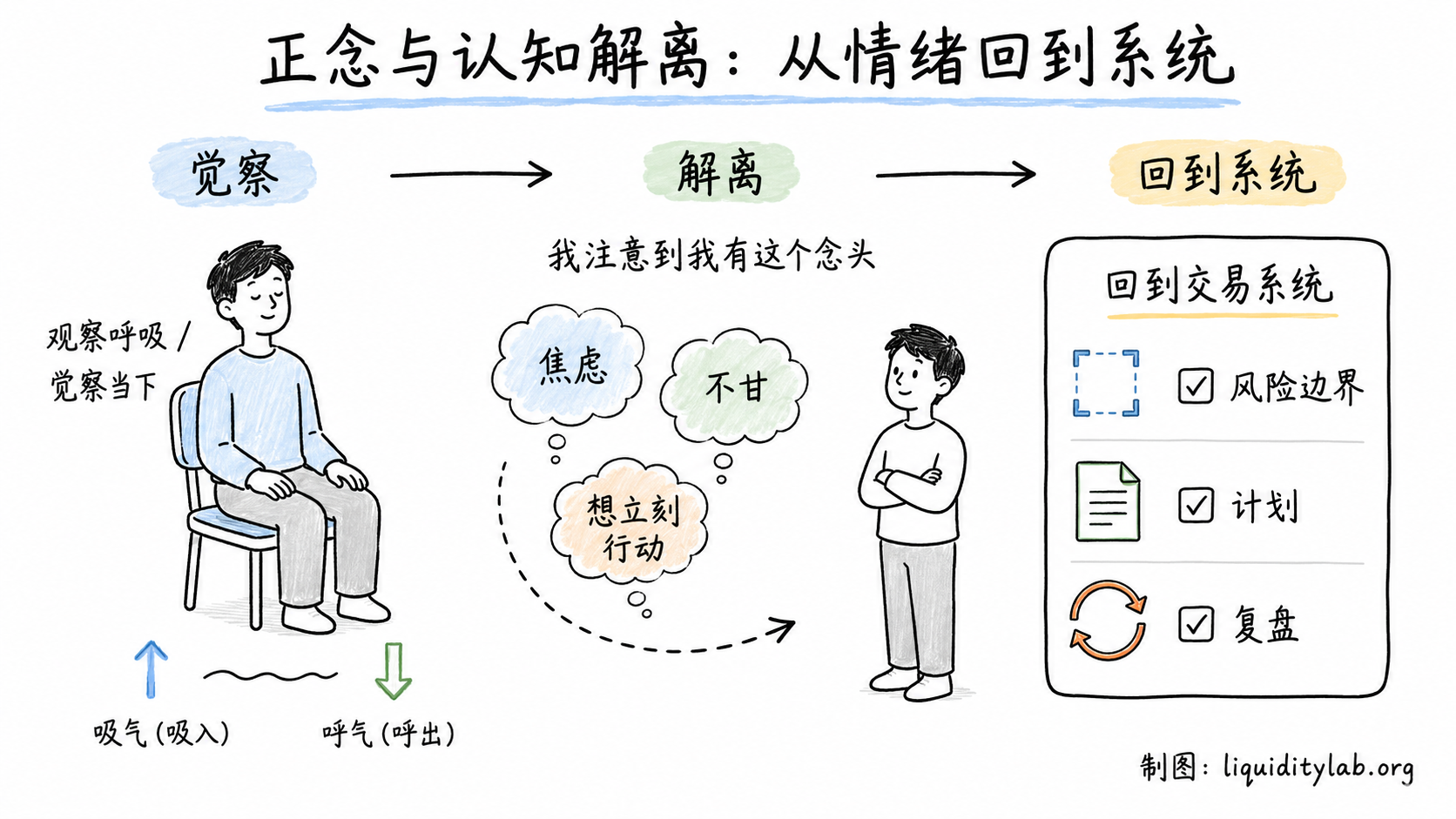 白板手绘风格示意图,左侧画着一个练习者坐在椅子上做呼吸练习的简笔画,右侧画着交易K线图,中间用箭头和“正念”标注连接,表达通过正念练习改善交易决策的理念