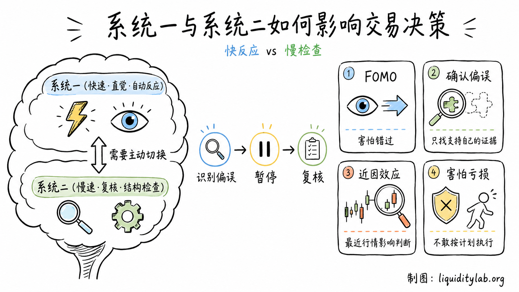 白板手绘风格示意图,左侧画着一个大脑的简笔画,标注“系统一(快速/直觉)”和“系统二(慢速/理性)”,右侧画着几个交易场景中的偏误示例,用箭头和中文批注说明认知偏差的来源和影响