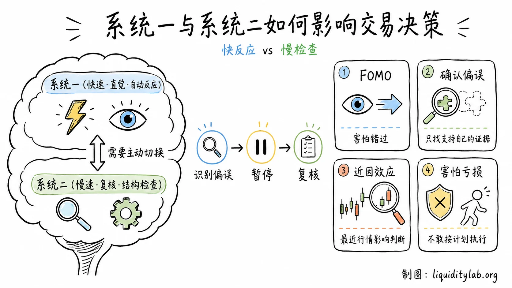 白板手绘风格示意图,左侧画着一个大脑的简笔画,标注“系统一(快速/直觉)”和“系统二(慢速/理性)”,右侧画着几个交易场景中的偏误示例,用箭头和中文批注说明认知偏差的来源和影响