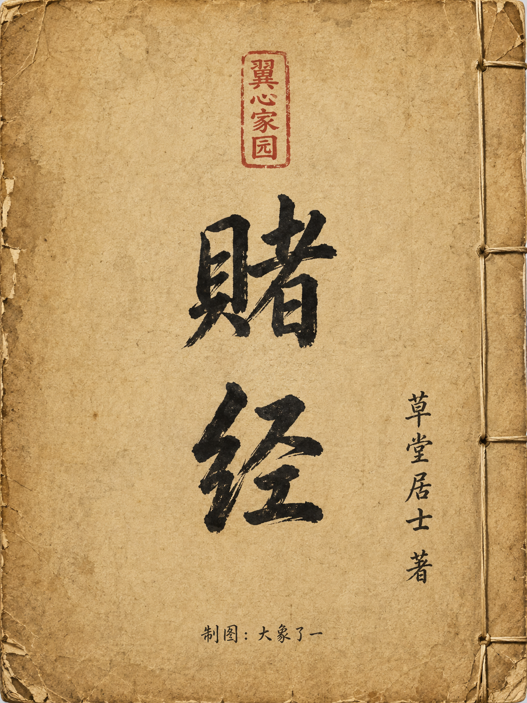 《赌经》全文封面图——草堂居士著,竖排毛笔大字书名配朱砂印章,古籍线装书风格